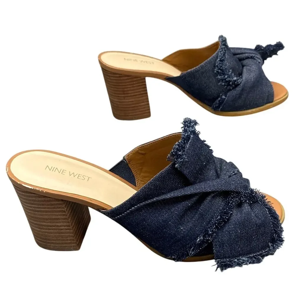 Nine West Byron Denim Fringe Bow Slide Block Heel Sandals Women 10